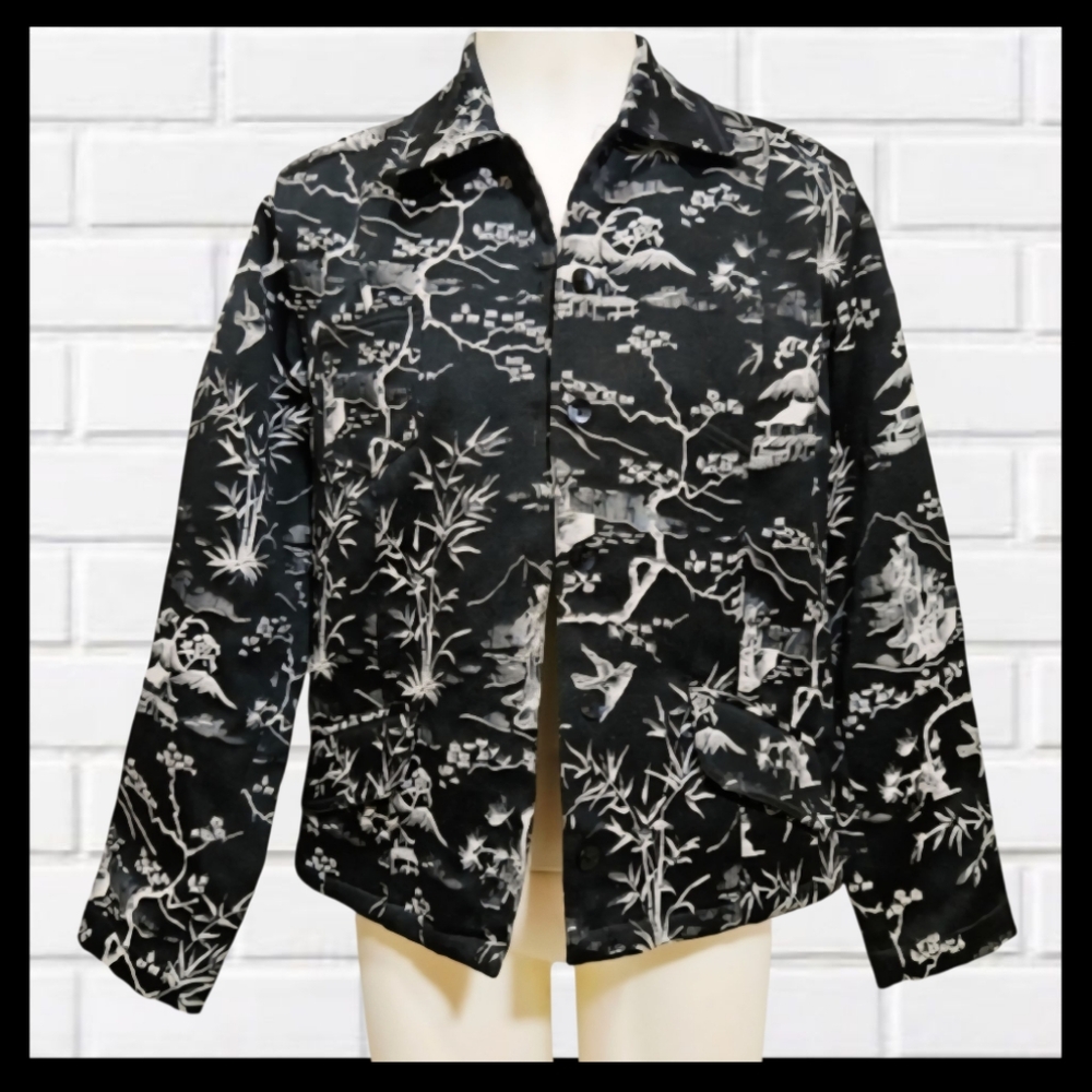 CHICO'S Black & White Embroidered Bonsai Garden Scene Button Down Blazer Size S